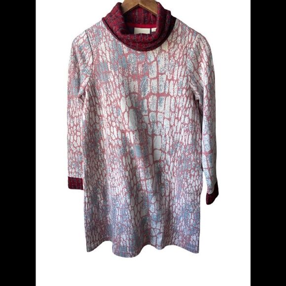 maeve Anthropologie Red Blue Mock/turtle neck Long Sleeve sweater Dress - Picture 2 of 11